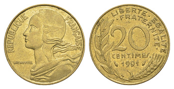 Франция 20 сантимов 1991 тип Morlon KM 930, Le Franc 156.31 алюминиевая бронза 4631-515