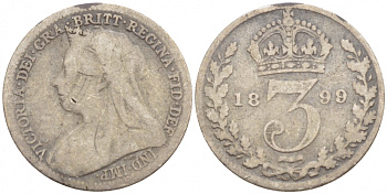 Великобритания 3 пенса 1899 Виктория (1837-1901) KM 777, Spink 3942 серебро 4547-919