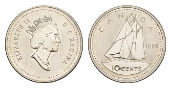 Канада 10 центов 1996 Елизавета II (1952-2022), парусник, specimen KM 183 никель BU 4639-659