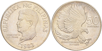 ФИЛИППИНЫ 50 СЕНТИМО 1983 РЕДКАЯ ОПЕЧАТКА В НАЗВАНИИ ОРЛА KM 242.2 медно-никель 4556-142