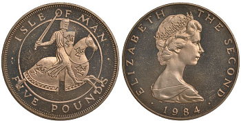 Остров Мэн 5 фунтов 1984 500 лет колледжу оружейников, рыцарь в доспехах на коне KM 134 вирениум UNC 00-00