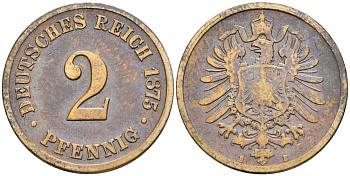ГЕРМАНИЯ 2 ПФЕННИГА 1875 B, СТАРОГЕРБОВКА KM 2, Jager 2, Weege 3 медь 4546-546