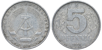 ГДР 5 ПФЕННИГОВ 1968 A KM 9.1 алюминий 62-115