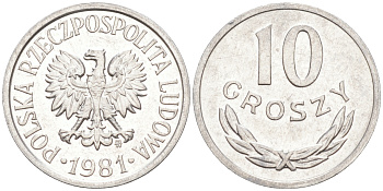 ПОЛЬША 10 ГРОШЕЙ 1981 MW KM АА47 алюминий UNC 187-918