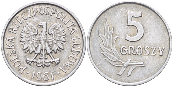 ПОЛЬША 5 ГРОШЕЙ 1961 KM A46, Parchimowicz 204d алюминий 4181-1145