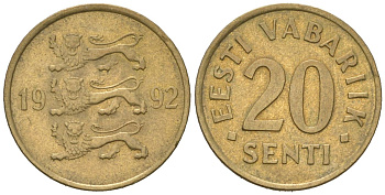 Эстония 20 сентов 1992 KM 23 латунь aUNC 4618-327