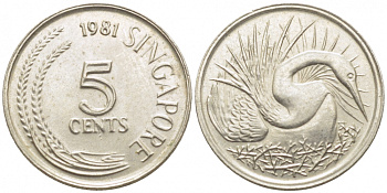 Сингапур 5 центов 1981 большая белая цапля KM 2 медно-никель 105-1251