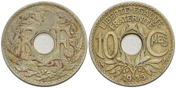ФРАНЦИЯ 10 САНТИМОВ 1925 ТИП ЛИНДАЙЁ KM 866а медно-никель 77-611