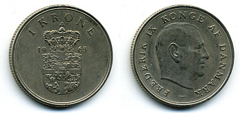 ДАНИЯ 1 КРОНА 1963 C; S, ФРЕДЕРИК IX (1947-1972) KM 851.1 медно-никель 56-352