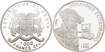 Бенин 1000 франков 1999 Иоганн Гутенберг KM 39 серебро PROOF 01-077-13