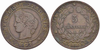 ФРАНЦИЯ 5 САНТИМОВ 1897 А, ТРЕТЬЯ РЕСПУБЛИКА (1871-1940) KM 821.1, LE FRANC 118.41 бронза 108-647