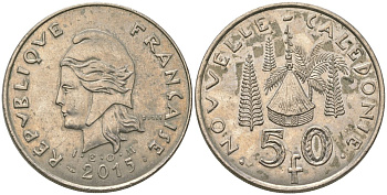 Французская Новая Каледония 50 франков 2015 хижина среди сосен и пальм, (IEOM) KM 13a, Schoen 15a, Lec 128i медно-никель 179-144