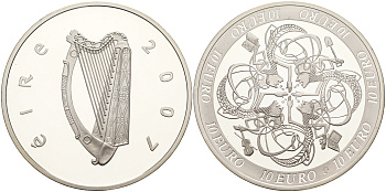 Ирландия 10 евро 2007 влияние Ирландии на европейскую культуру, символы влияния в 4-х областях культуры KM 58 серебро PROOF 11-321-22