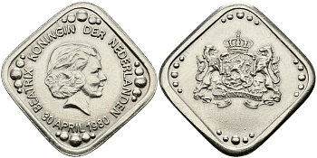 НИДЕРЛАНДЫ ЖЕТОН 1980 30 АПРЕЛЯ 1980, КОРОЛЕВА БЕАТРИКС медно-никель UNC 176-633