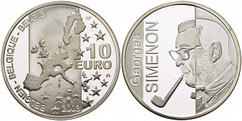 Бельгия 10 евро 2003 100 лет со дня рождения Жоржа Сименона KM 235 серебро PROOF 00-00