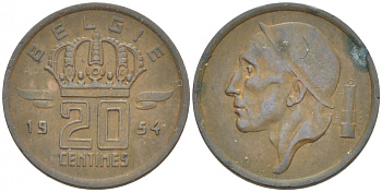 БЕЛЬГИЯ 20 САНТИМОВ 1954 BELGIE KM 147.1 бронза 3718-336