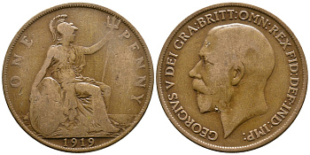 Великобритания 1 пенни 1919 Георг V (1910-1936) KM 810, Spink 4051 бронза    08-611