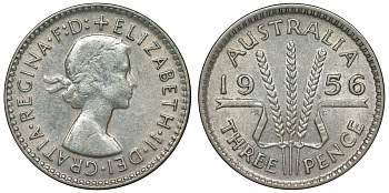 Австралия 3 пенса 1956 m, Елизавета II (1952-2022) KM 57 серебро 71-452