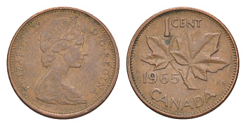 Канада 1 цент 1965 Елизавета II (1952-2022), кленовый лист KM 59 бронза 4630-542