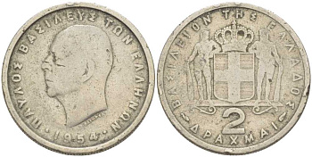 Греция 2 драхмы 1954 Павел I (1947-1964) KM 82 медно-никель 210-925