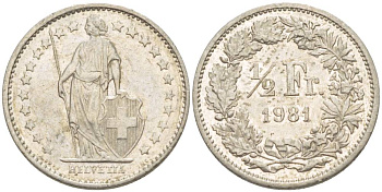 ШВЕЙЦАРИЯ 1/2 ФРАНКА 1981 KM 23а.1 медно-никель 4532-1054