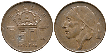 БЕЛЬГИЯ 50 САНТИМОВ 1952 BELGIE KM 145 бронза 4383-1142