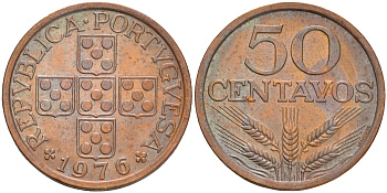 ПОРТУГАЛИЯ 50 СЕНТАВО 1976 KM 596 бронза 4561-627