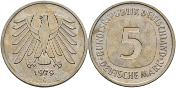 ФРГ 5 марок 1979 F KM 140.1, J. 415 никель покрытый медно-никелем 4149-516