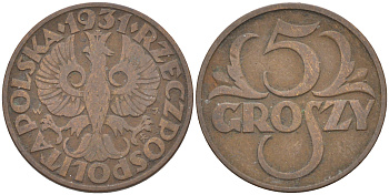 ПОЛЬША 5 ГРОШЕЙ 1931 w KM 10a бронза 187-566