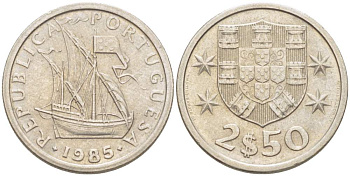 ПОРТУГАЛИЯ 2,5 ЭСКУДО 1985 ПАРУСНИК KM 590 медно-никель 4523-1117