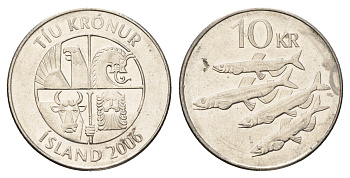 Исландия 10 крон 2006 рыбы KM 29.1a сталь плакированная никелем 4691-314