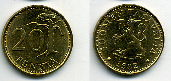 ФИНЛЯНДИЯ 20 ПЕННИ 1982 KM 47 алюминиевая бронза 61-1234