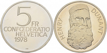 ШВЕЙЦАРИЯ 5 ФРАНКОВ 1978 150 ЛЕТ СО ДНЯ РОЖДЕНИЯ ГЕНРИ ДУНАНТА, ОСНОВАТЕЛЯ МЕЖДУНАРОДНОГО КРАСНОГО КРЕСТА KM 56 медно-никель PROOF 1087-3-45