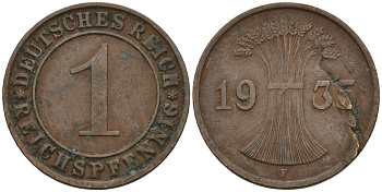 Германия 1 рейхспфенниг 1935 F KM 37, J. 313 бронза 4124-657