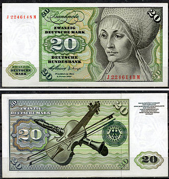 ФРГ 20 марок 1960 Эльсбет Тухер (Альбрехт Дюрер), скрипка, кларнет Pick 20 a  бумага  aUNC 451-916-1