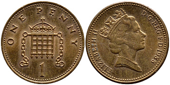 Великобритания 1 пенни 1988 Елизавета II (1952-2022) KM 935, Spink 4381 (B3) бронза UNC 08-1123