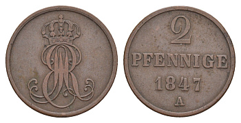 Ганновер 2 пфеннига 1847 A, Эрнст Август I (1837-1851) KM 202.2, AKS 124, J. 75 медь    4657-721