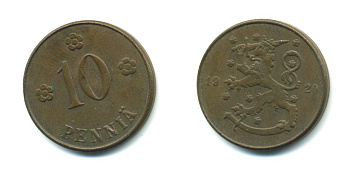 Финляндия 10 пенни 1920 республика (1918-1962) KM 24 медь 36-212