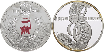 Польша 10 злотых 2010 MW, 30 лет политическому кризису, цветная эмаль KM 738 серебро PROOF 1069-3-64
