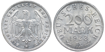 Германия 200 марок 1923 D KM 35, J. 304, Weege 22 алюминий 4604-613