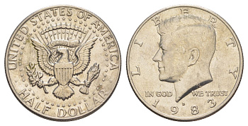 США 1/2 доллара (50 центов) 1983 D, Джон Кеннеди KM A202b медь плакированная медно-никелем aUNC 180-441