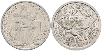 Французская Новая Каледония 2 франка 2004 птица кагу, (IEOM) KM 14, Schoen 11, Lec 68i алюминий    25-2211