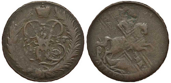 РОССИЯ 2 КОПЕЙКИ 1757 без букв, перечекан c 5 копеек Биткин 391 медь 1083-3-21