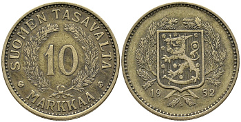 Финляндия 10 марок 1932 S KM 63 алюминиевая бронза 32-732