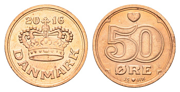 Дания 50 эре 2016 Маргрете II (1972-2024) KM 866 бронза UNC 76-563