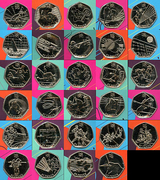 Великобритания, страны Британского содружества полный набор из 29 монет по 50 пенсов 2011 XXX Летние Олимпийские игры 2012 в Лондоне, все монеты в оригинальных блистерах KM NEW медно-никель  UNC  14-01-02-11