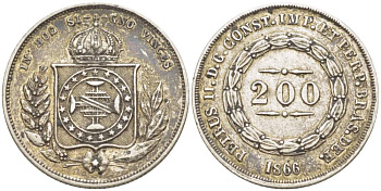 Бразилия 200 рейс 1866 Педро II (1831-1889) KM 469 серебро    4528-145
