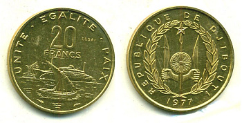 Джибути 20 франков 1977 PROBA, ESSAI, в оригинальной упаковке KM E5 алюминиевая бронза UNC 5010-434