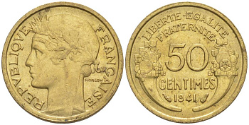 ФРАНЦИЯ 50 САНТИМОВ 1941 ТИП MORLON KM 894.1, LE FRANC 192.18 алюминиевая бронза 44-652