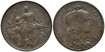 ФРАНЦИЯ 5 САНТИМОВ 1899 ТИП ДАНИЭЛЬ ДЮПЮИ KM 842, LE FRANC 119.7 бронза 34-1223